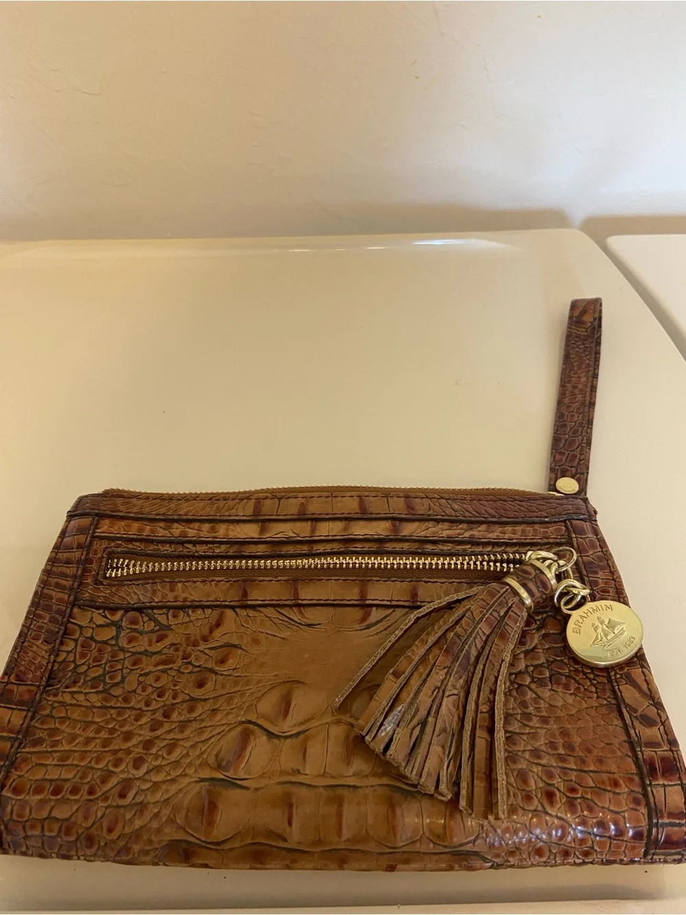 Brahmin Brown Embossed Leather Clutch/Wristlet with Tassel & Gold medallion